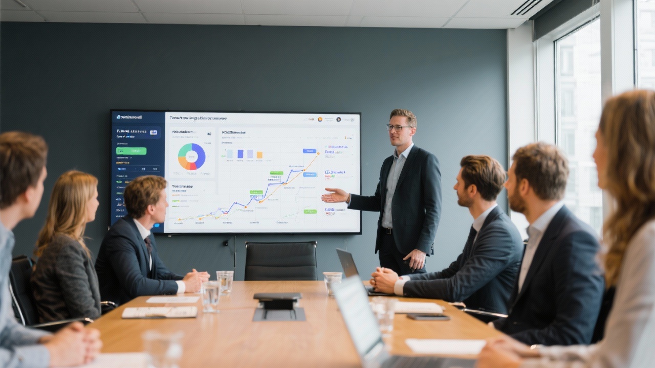 Change management experts presenting adoption metrics, employee feedback dashboards, and training roadmaps during a transformation steering committee session inside a Dutch headquarters boardroom