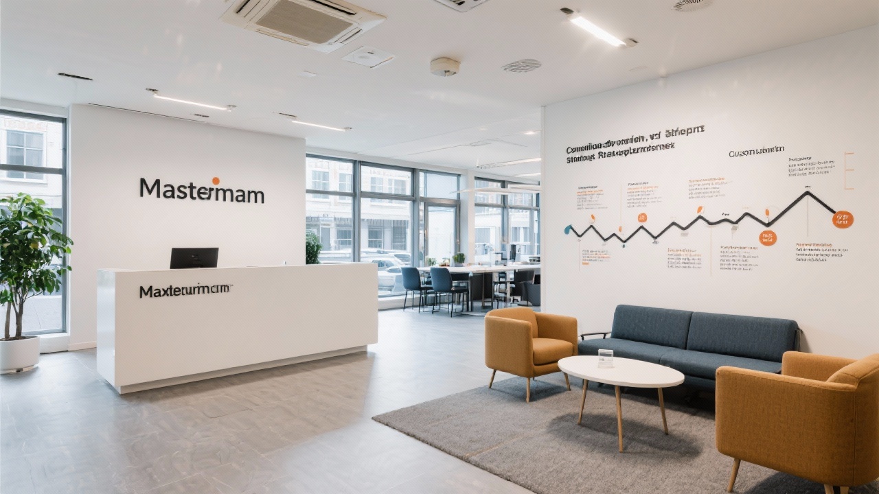 Reception area of a modern Amsterdam office with clean signage, seating, and customer journey displays welcoming consulting clients for strategic workshops