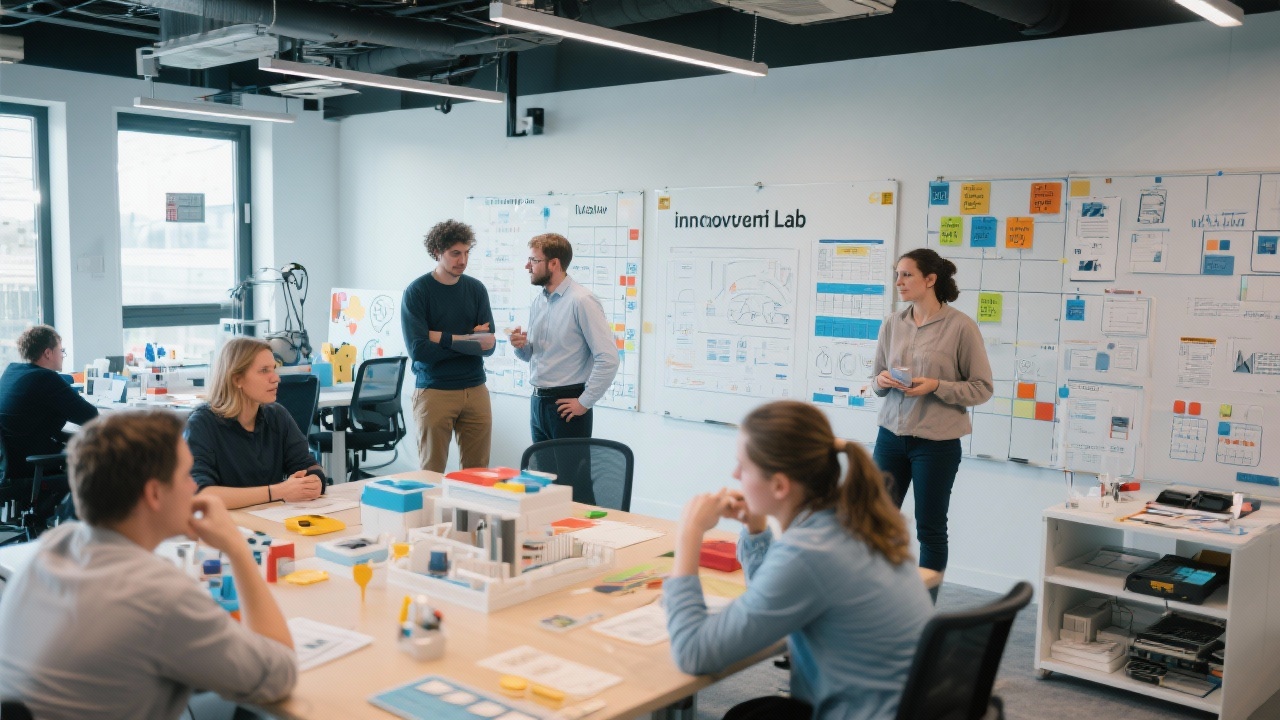 Innovation lab with prototypes, agile boards, and interdisciplinary teams testing service blueprints to accelerate Dutch consulting deliverables for clients across regulated industries