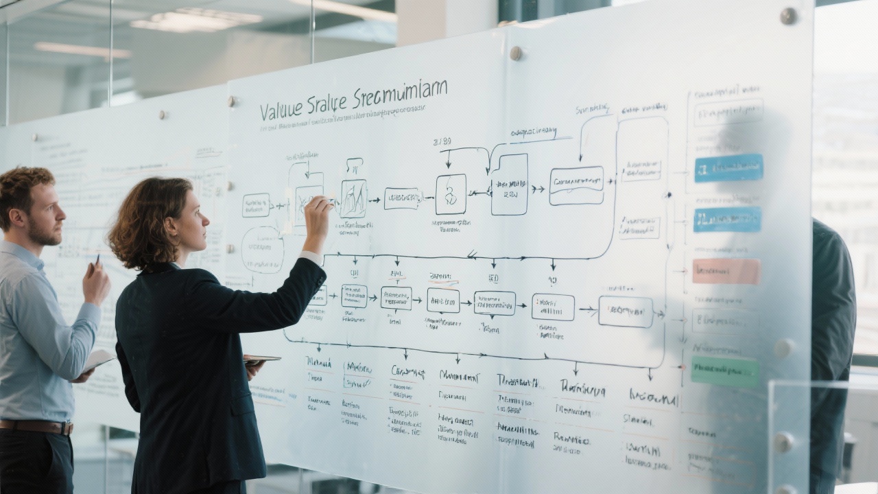 Detailed value stream mapping chart sketched on translucent boards with consultants annotating process steps, capability maturity levels, and automation opportunities for Dutch enterprises
